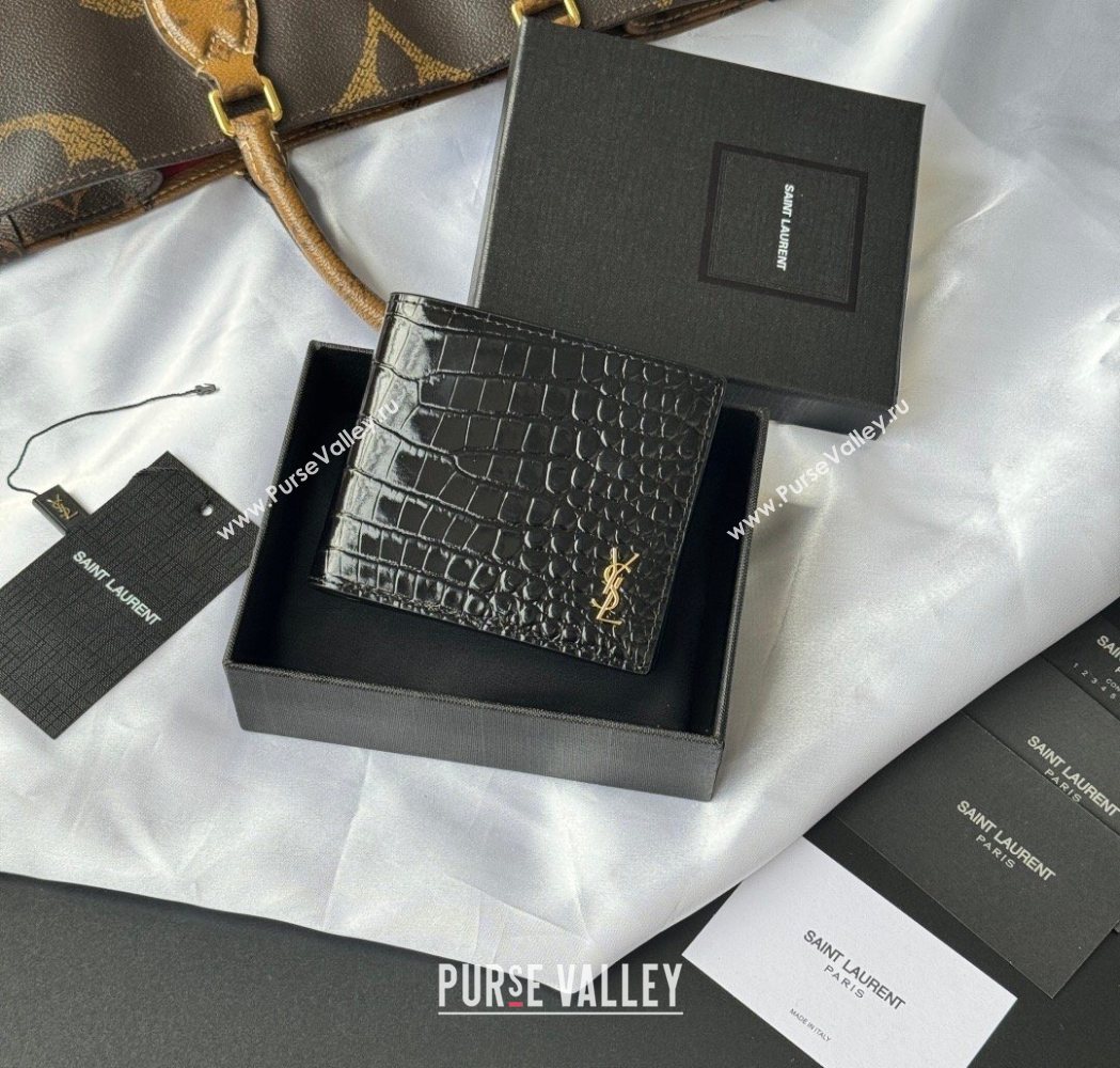 Saint Laurent Mens Tiny Cassandre Eastwest Wallet in Crocodile Embossed Leather Black/Gold 2026 607727 (YY-260119094)