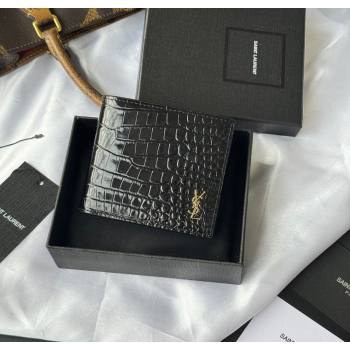 Saint Laurent Mens Tiny Cassandre Eastwest Wallet in Crocodile Embossed Leather Black/Gold 2026 607727 (YY-260119094)