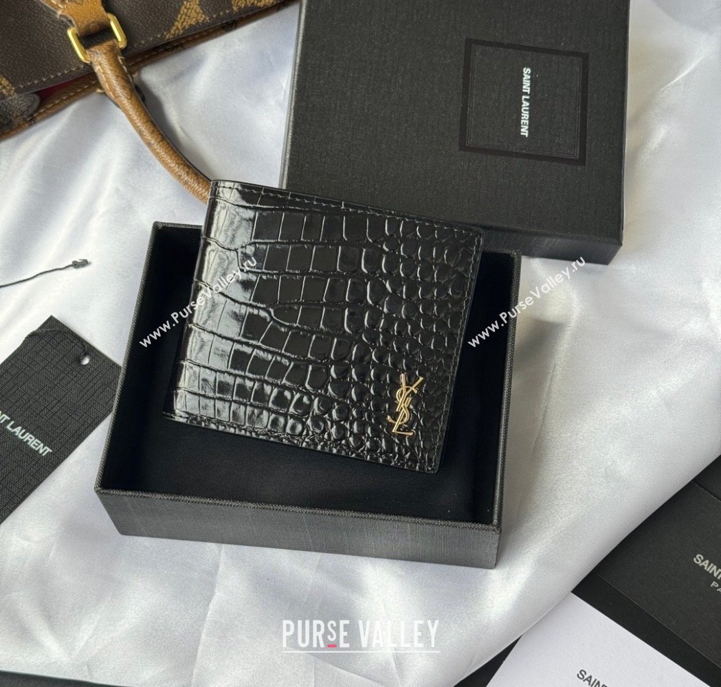 Saint Laurent Mens Tiny Cassandre Eastwest Wallet in Crocodile Embossed Leather Black/Gold 2026 607727 (YY-260119094)