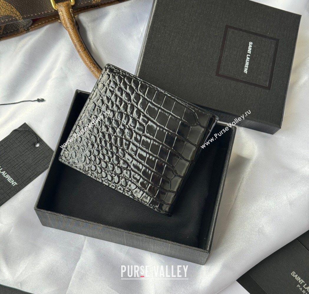 Saint Laurent Mens Tiny Cassandre Eastwest Wallet in Crocodile Embossed Leather Black/Gold 2026 607727 (YY-260119094)