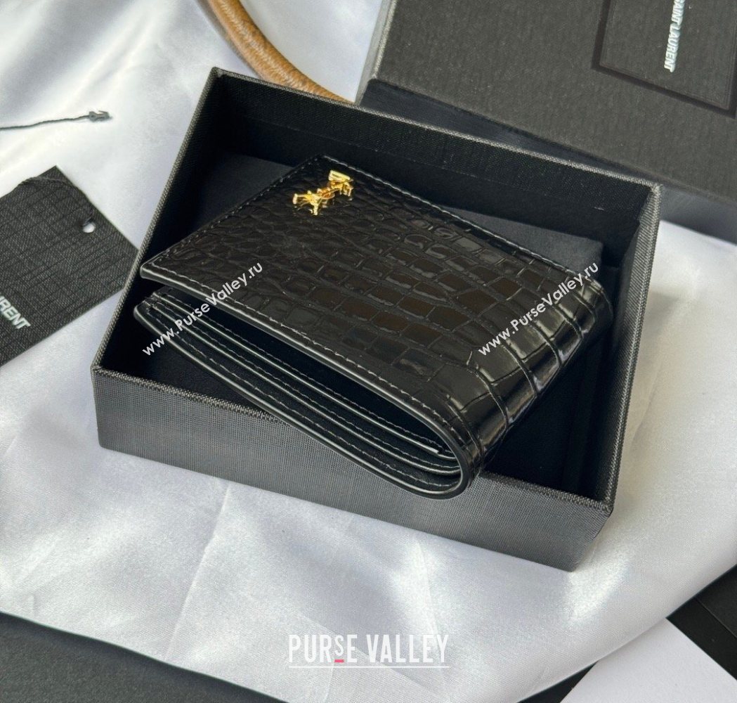 Saint Laurent Mens Tiny Cassandre Eastwest Wallet in Crocodile Embossed Leather Black/Gold 2026 607727 (YY-260119094)