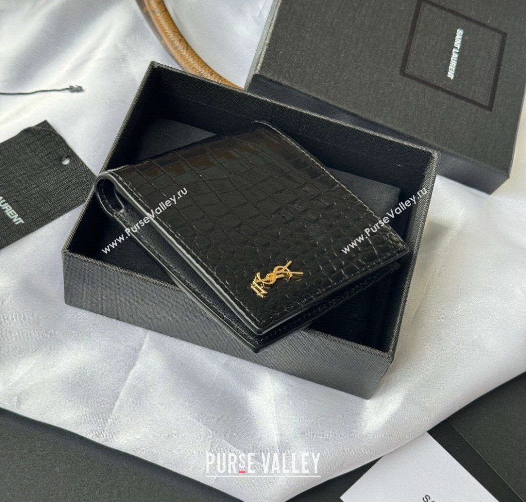 Saint Laurent Mens Tiny Cassandre Eastwest Wallet in Crocodile Embossed Leather Black/Gold 2026 607727 (YY-260119094)