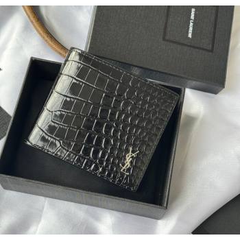 Saint Laurent Mens Tiny Cassandre Eastwest Wallet in Crocodile Embossed Leather Black/Silver 2026 607727 (YY-260119095)