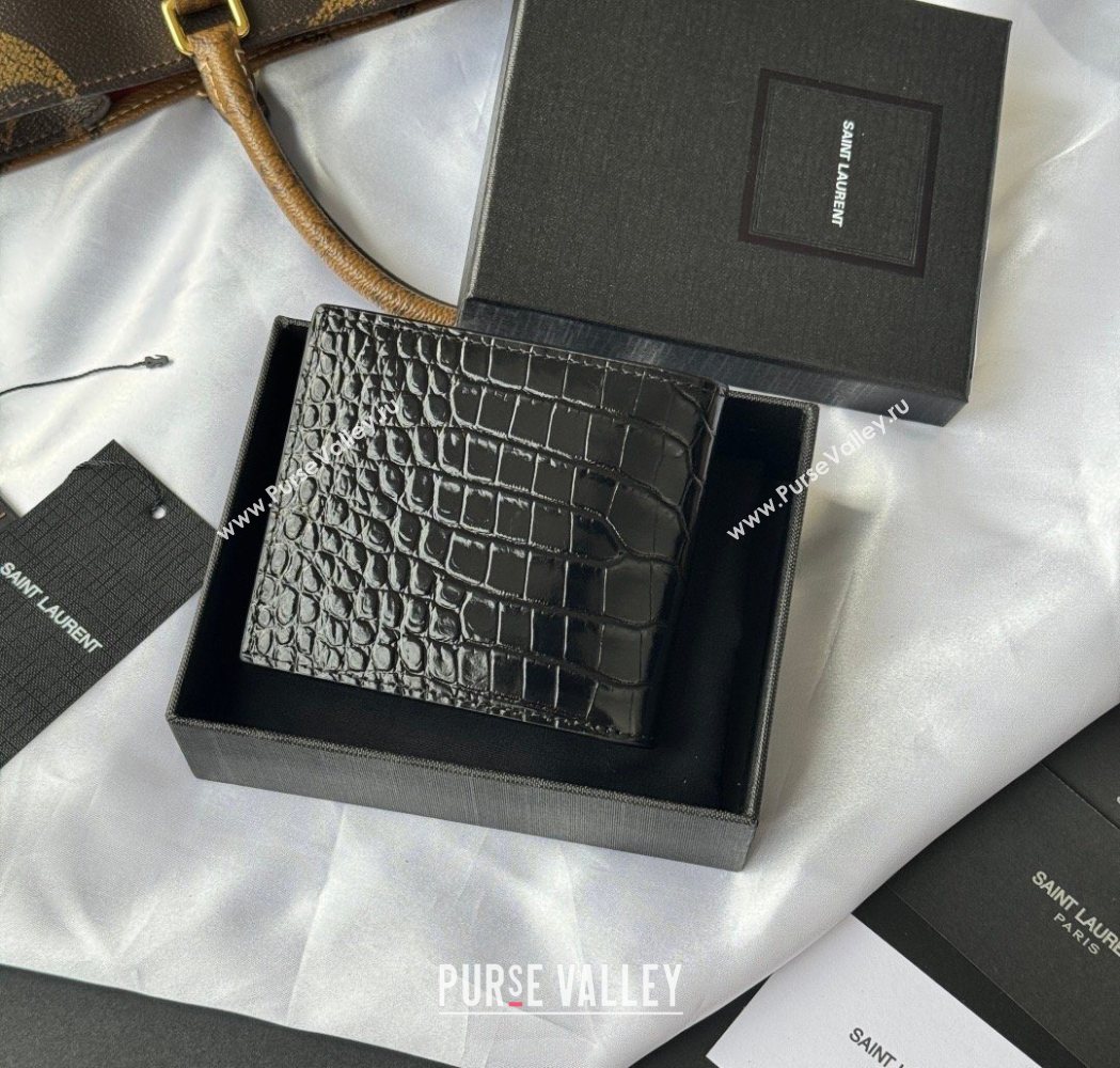 Saint Laurent Mens Tiny Cassandre Eastwest Wallet in Crocodile Embossed Leather Black/Silver 2026 607727 (YY-260119095)