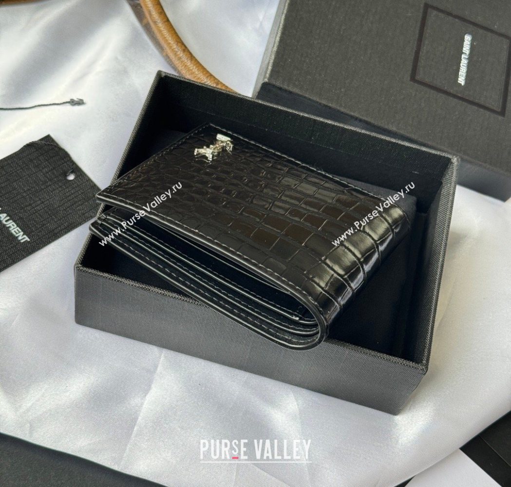 Saint Laurent Mens Tiny Cassandre Eastwest Wallet in Crocodile Embossed Leather Black/Silver 2026 607727 (YY-260119095)