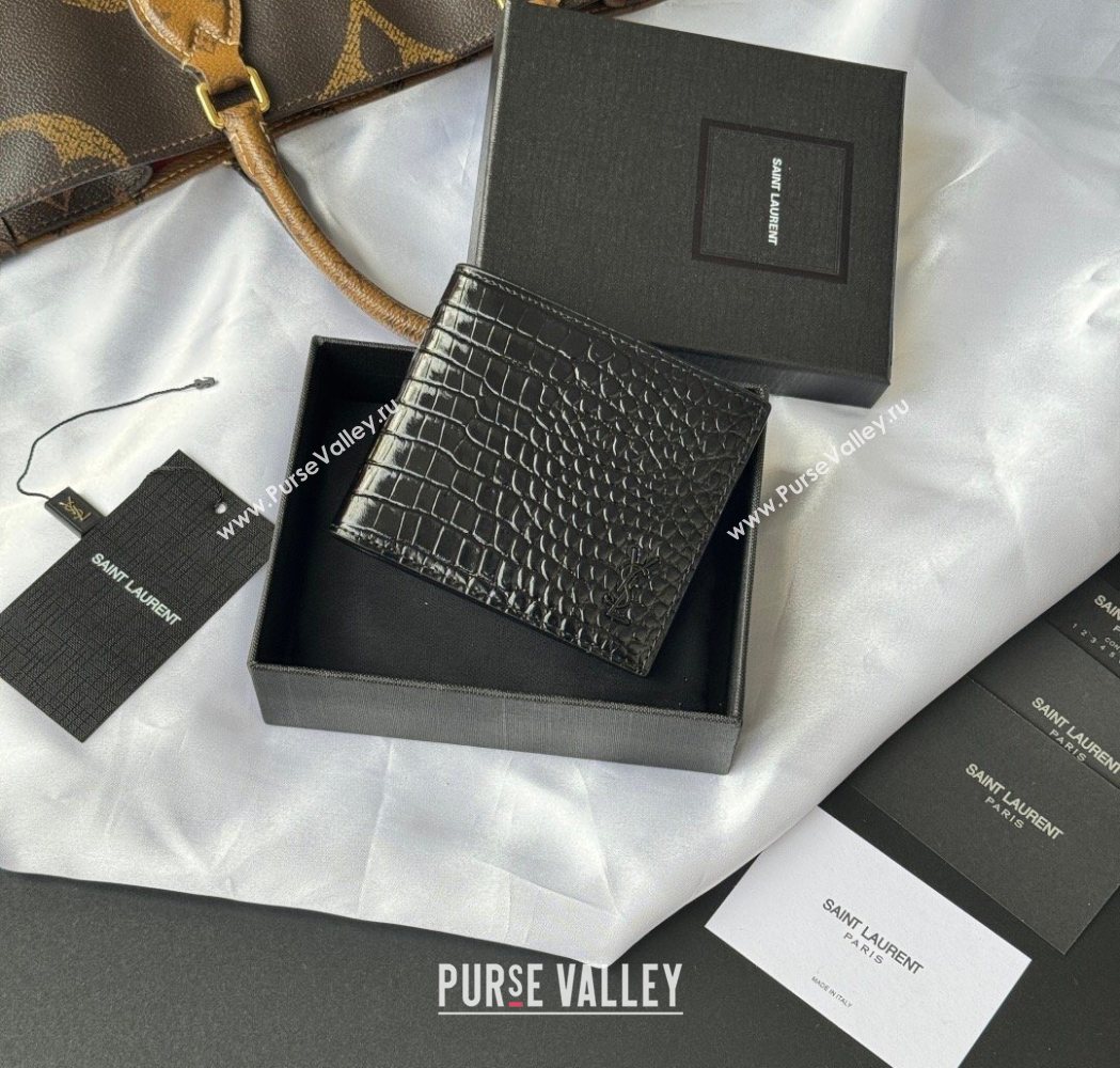 Saint Laurent Mens Tiny Cassandre Eastwest Wallet in Crocodile Embossed Leather All Black 2026 607727 (YY-260119096)