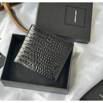 Saint Laurent Mens Tiny Cassandre Eastwest Wallet in Crocodile Embossed Leather All Black 2026 607727 (YY-260119096)