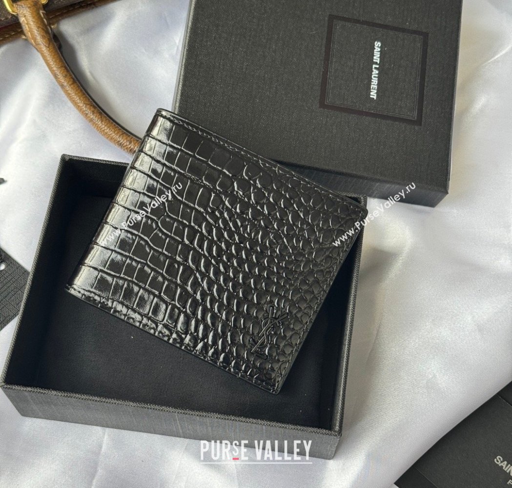 Saint Laurent Mens Tiny Cassandre Eastwest Wallet in Crocodile Embossed Leather All Black 2026 607727 (YY-260119096)