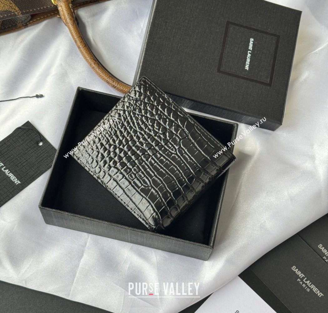 Saint Laurent Mens Tiny Cassandre Eastwest Wallet in Crocodile Embossed Leather All Black 2026 607727 (YY-260119096)