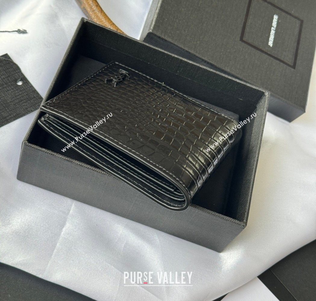 Saint Laurent Mens Tiny Cassandre Eastwest Wallet in Crocodile Embossed Leather All Black 2026 607727 (YY-260119096)