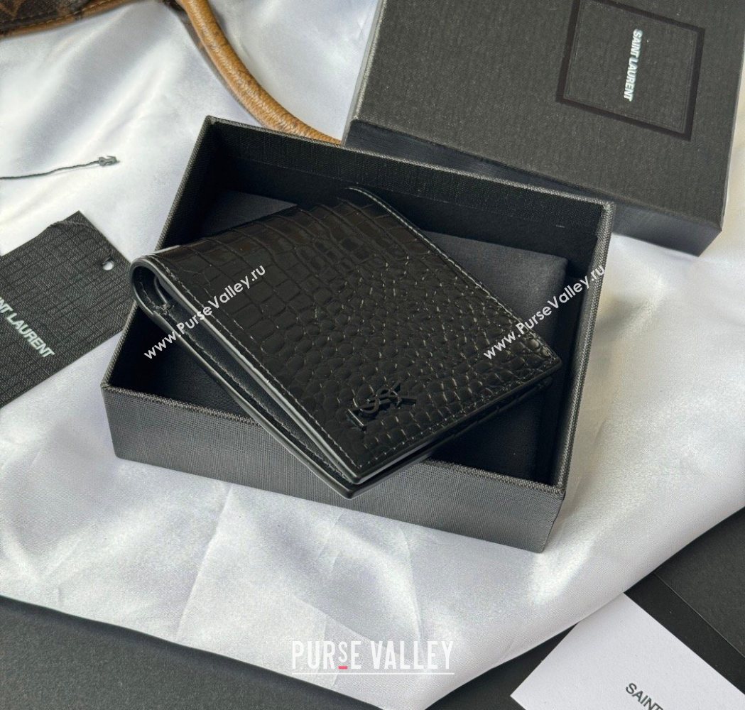 Saint Laurent Mens Tiny Cassandre Eastwest Wallet in Crocodile Embossed Leather All Black 2026 607727 (YY-260119096)