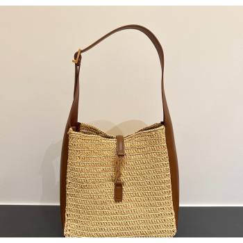 Saint Laurent LE 5 À 7 Supple Small Hobo Bag in Raffia Straw Like and Leather 713938 BrownKhaki 2026 (YIDA-260119002)