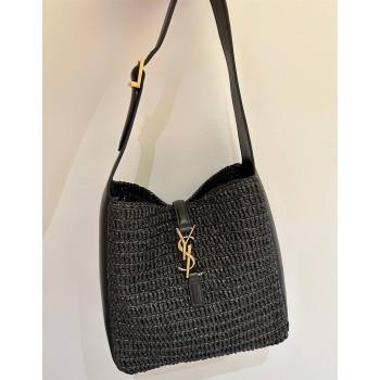 Saint Laurent LE 5 À 7 Supple Small Hobo Bag in Raffia Straw Like and Leather 713938 Black 2026 (YIDA-260119001)