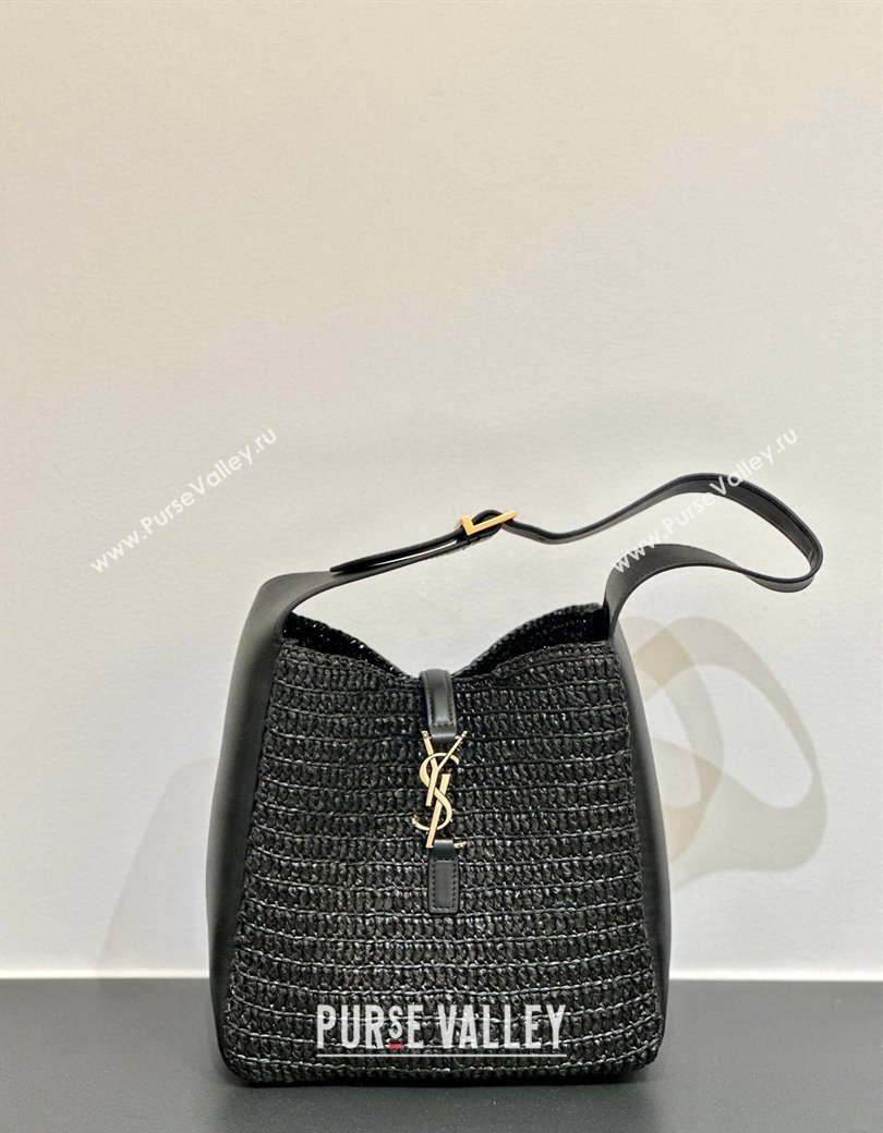 Saint Laurent LE 5 À 7 Supple Small Hobo Bag in Raffia Straw Like and Leather 713938 Black 2026 (YIDA-260119001)