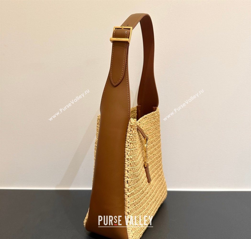Saint Laurent LE 5 À 7 Supple Small Hobo Bag in Raffia Straw Like and Leather 713938 BrownKhaki 2026 (YIDA-260119002)