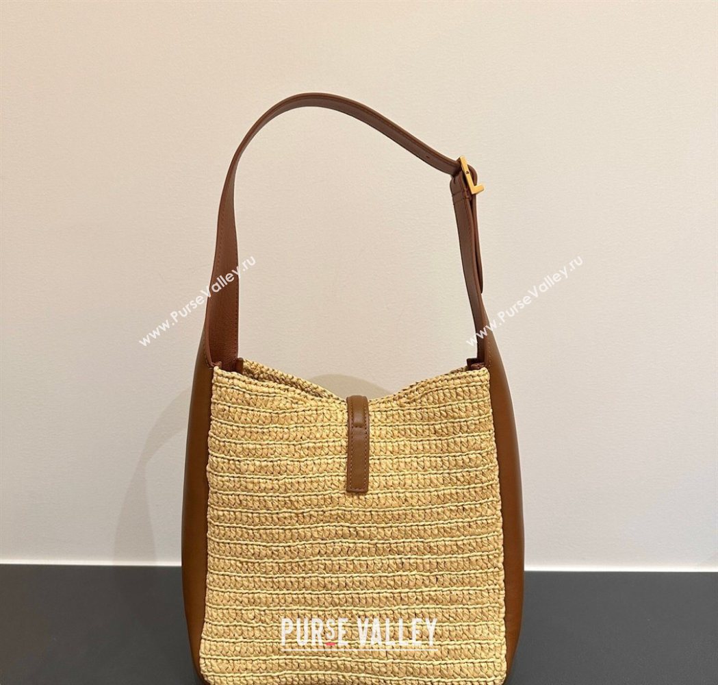 Saint Laurent LE 5 À 7 Supple Small Hobo Bag in Raffia Straw Like and Leather 713938 BrownKhaki 2026 (YIDA-260119002)