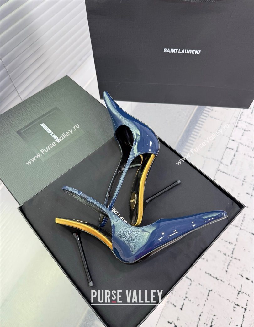 Saint Laurent AMALIA Heel Slingbacks Pump 11cm in Patent Leather Blue 2025 8500721 (KER-251212088)