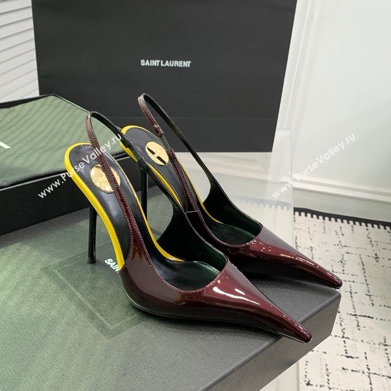 Saint Laurent AMALIA Heel Slingbacks Pump 11cm in Patent Leather Dark Burgundy 2025 8500721 (KER-251212091)