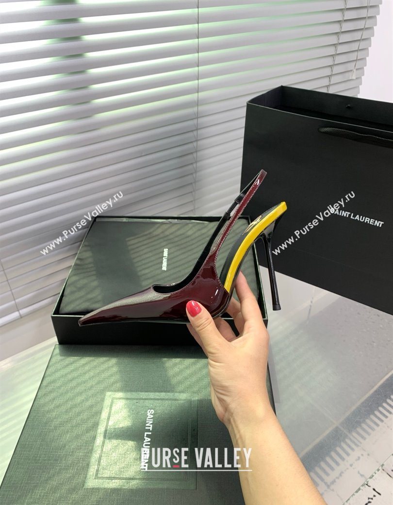 Saint Laurent AMALIA Heel Slingbacks Pump 11cm in Patent Leather Dark Burgundy 2025 8500721 (KER-251212091)