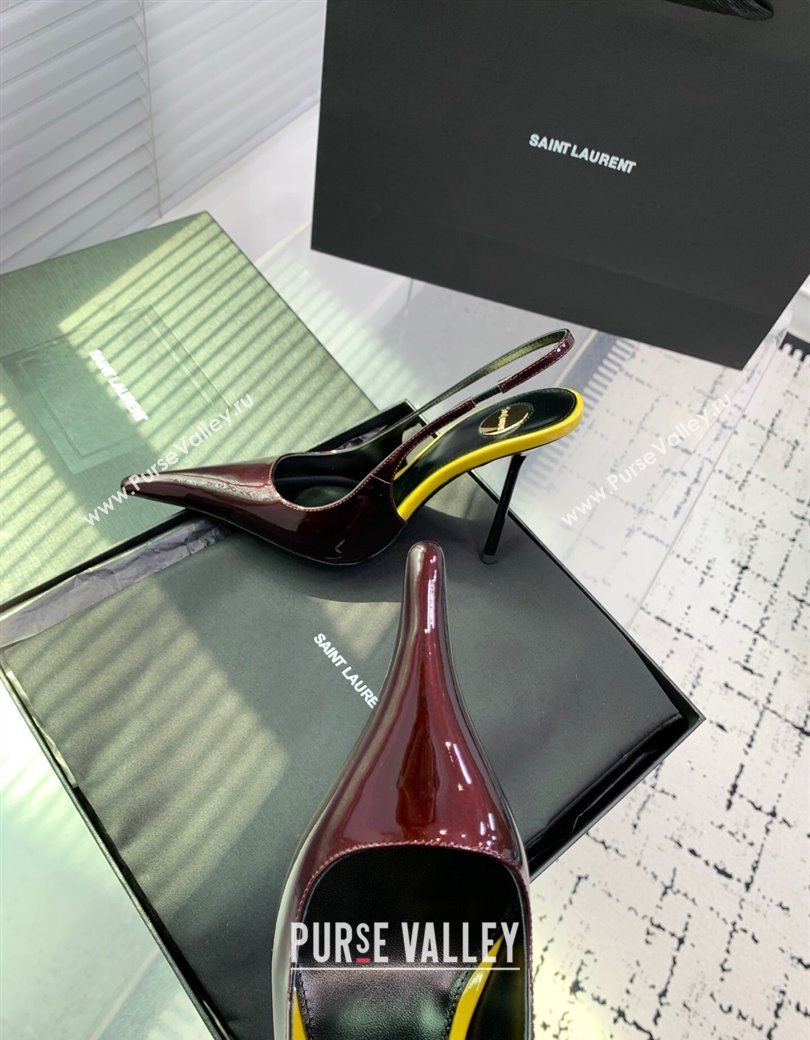 Saint Laurent AMALIA Heel Slingbacks Pump 11cm in Patent Leather Dark Burgundy 2025 8500721 (KER-251212091)
