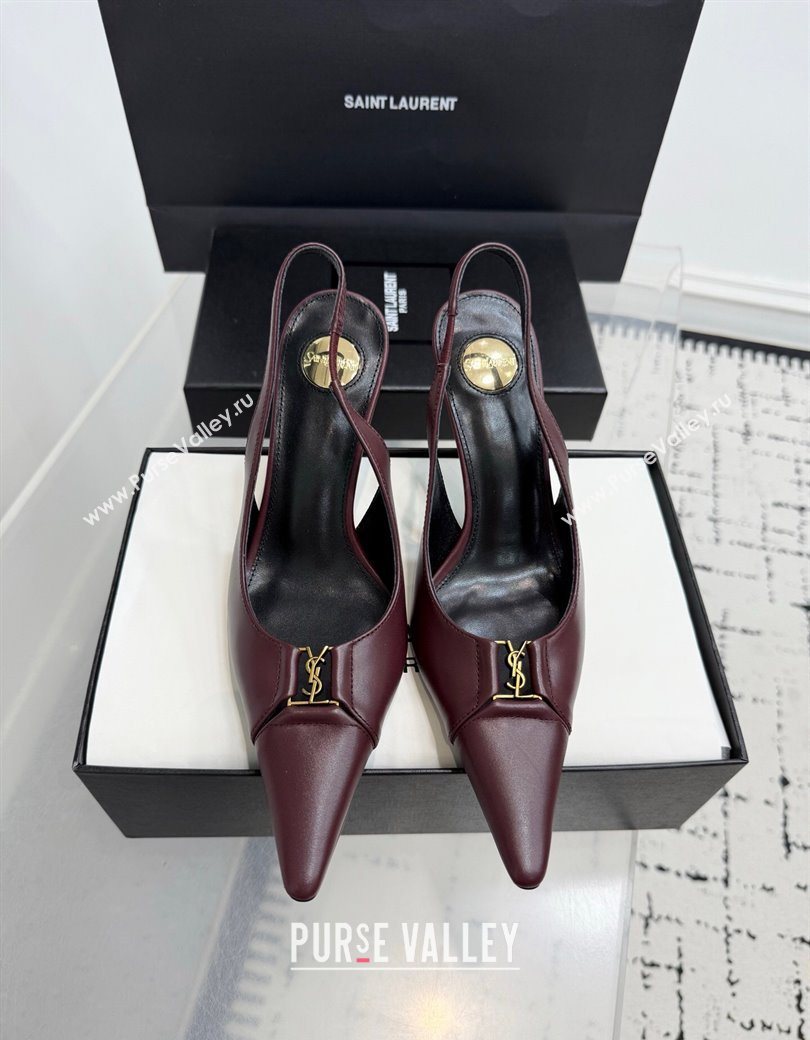 Saint Laurent Babylone Breteuil Slingbacks Pump 9cm in Calfskin Leather Dark Burgundy 2025 806685 (KER-251213002)