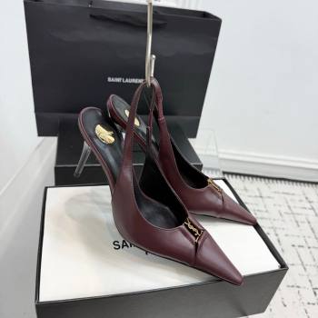 Saint Laurent Babylone Breteuil Slingbacks Pump 9cm in Calfskin Leather Dark Burgundy 2025 806685 (KER-251213002)