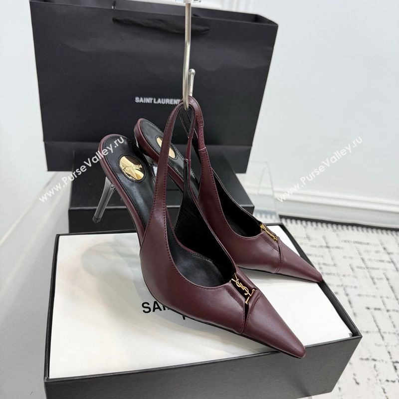 Saint Laurent Babylone Breteuil Slingbacks Pump 9cm in Calfskin Leather Dark Burgundy 2025 806685 (KER-251213002)