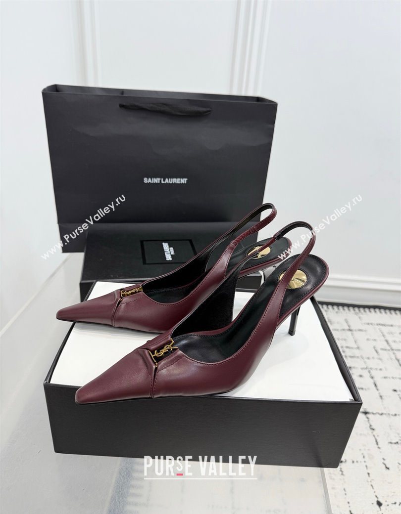 Saint Laurent Babylone Breteuil Slingbacks Pump 9cm in Calfskin Leather Dark Burgundy 2025 806685 (KER-251213002)