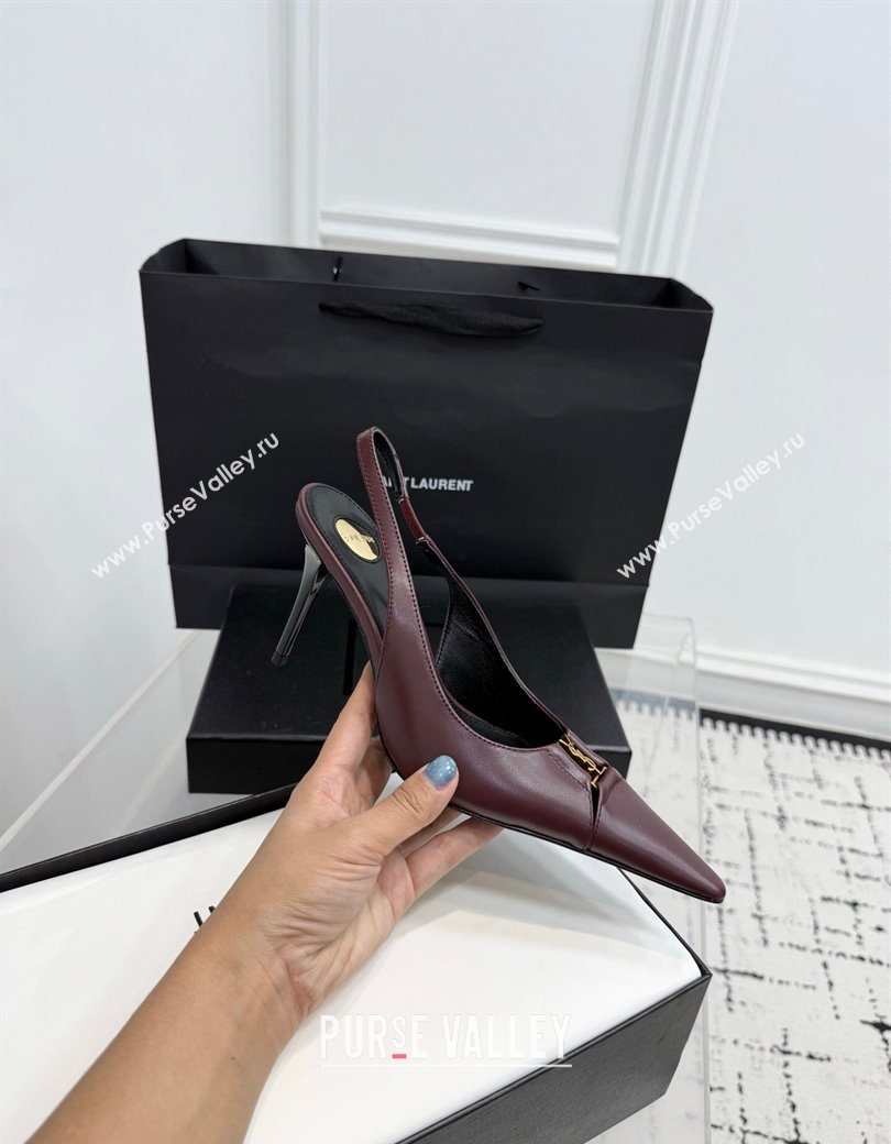 Saint Laurent Babylone Breteuil Slingbacks Pump 9cm in Calfskin Leather Dark Burgundy 2025 806685 (KER-251213002)