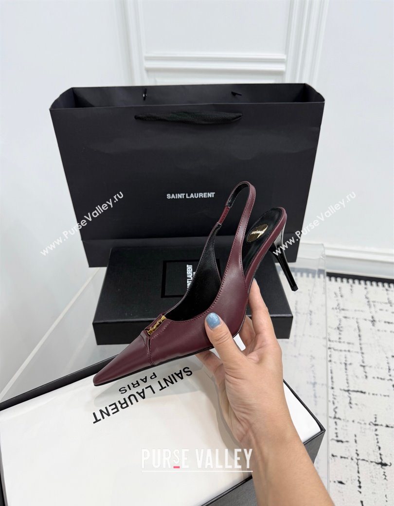 Saint Laurent Babylone Breteuil Slingbacks Pump 9cm in Calfskin Leather Dark Burgundy 2025 806685 (KER-251213002)