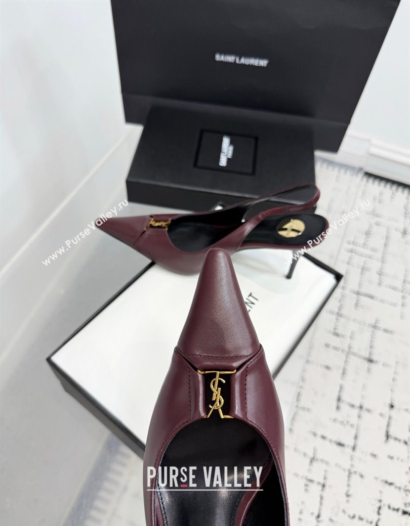 Saint Laurent Babylone Breteuil Slingbacks Pump 9cm in Calfskin Leather Dark Burgundy 2025 806685 (KER-251213002)
