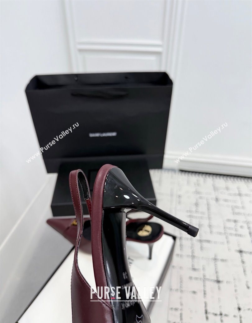 Saint Laurent Babylone Breteuil Slingbacks Pump 9cm in Calfskin Leather Dark Burgundy 2025 806685 (KER-251213002)