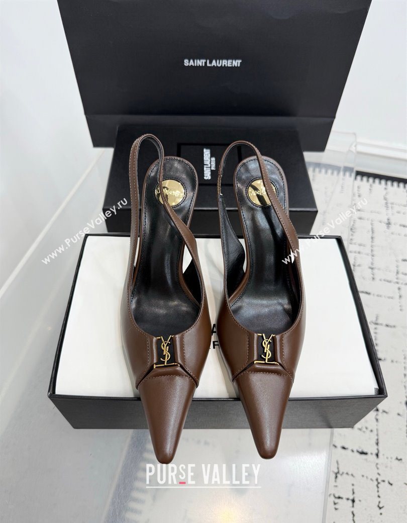 Saint Laurent Babylone Breteuil Slingbacks Pump 9cm in Calfskin Leather Dark Brown 2025 806685 (KER-251213003)