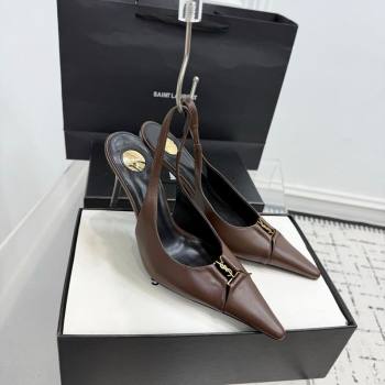 Saint Laurent Babylone Breteuil Slingbacks Pump 9cm in Calfskin Leather Dark Brown 2025 806685 (KER-251213003)