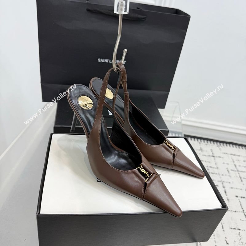 Saint Laurent Babylone Breteuil Slingbacks Pump 9cm in Calfskin Leather Dark Brown 2025 806685 (KER-251213003)