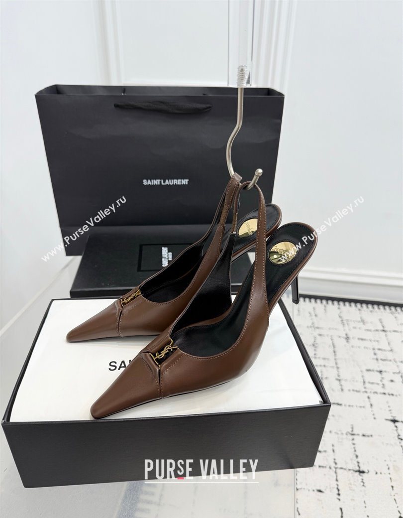 Saint Laurent Babylone Breteuil Slingbacks Pump 9cm in Calfskin Leather Dark Brown 2025 806685 (KER-251213003)
