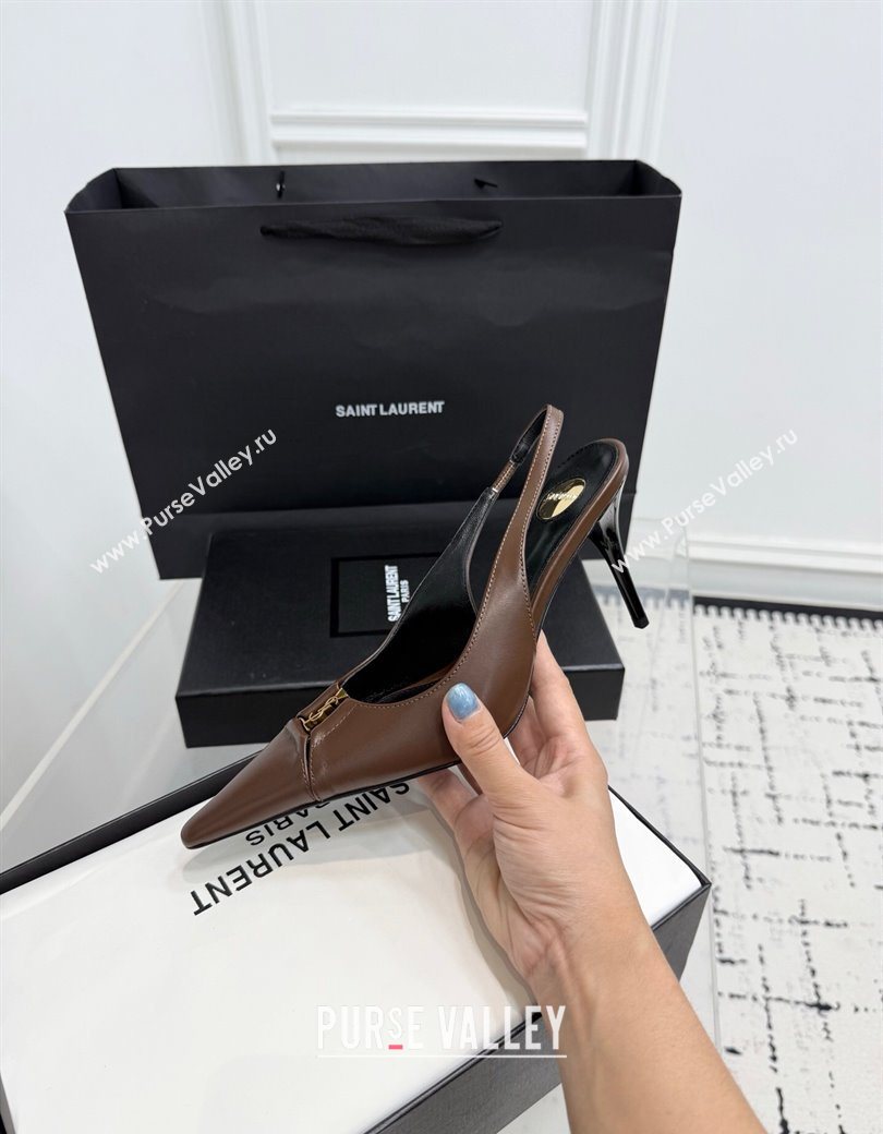 Saint Laurent Babylone Breteuil Slingbacks Pump 9cm in Calfskin Leather Dark Brown 2025 806685 (KER-251213003)