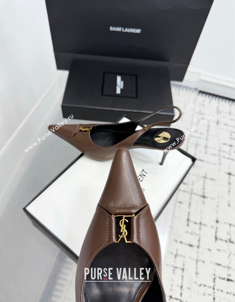 Saint Laurent Babylone Breteuil Slingbacks Pump 9cm in Calfskin Leather Dark Brown 2025 806685 (KER-251213003)