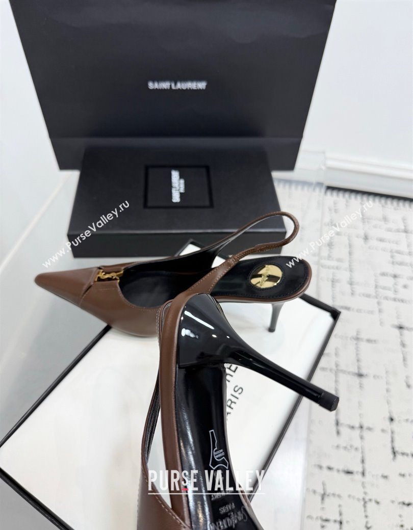 Saint Laurent Babylone Breteuil Slingbacks Pump 9cm in Calfskin Leather Dark Brown 2025 806685 (KER-251213003)