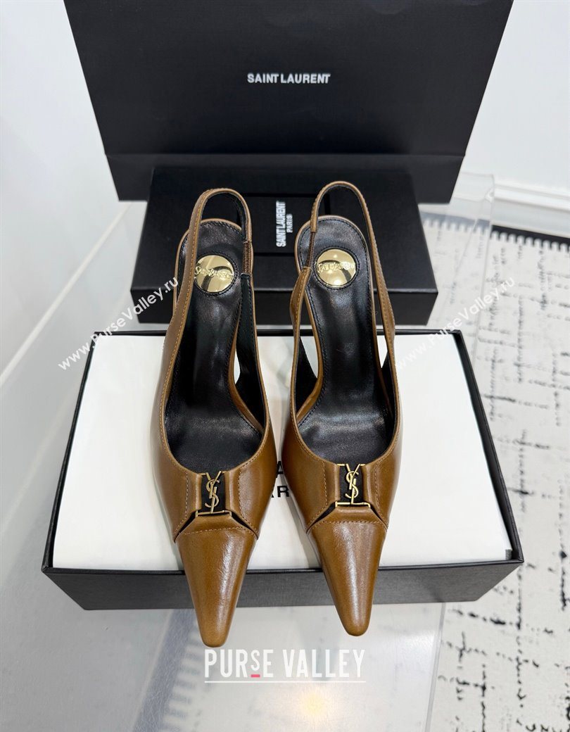 Saint Laurent Babylone Breteuil Slingbacks Pump 9cm in Oil Leather Khaki 2025 806685 (KER-251213005)