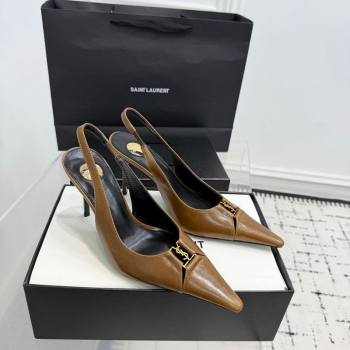 Saint Laurent Babylone Breteuil Slingbacks Pump 9cm in Oil Leather Khaki 2025 806685 (KER-251213005)