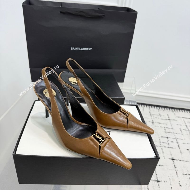 Saint Laurent Babylone Breteuil Slingbacks Pump 9cm in Oil Leather Khaki 2025 806685 (KER-251213005)
