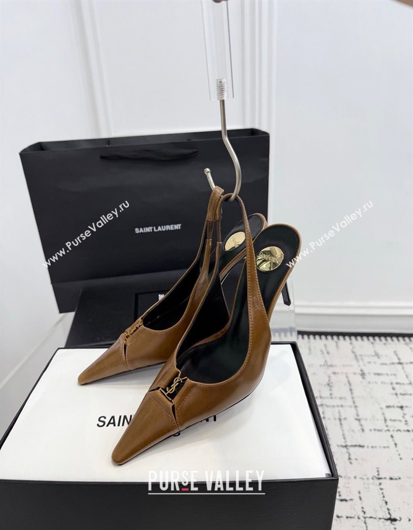 Saint Laurent Babylone Breteuil Slingbacks Pump 9cm in Oil Leather Khaki 2025 806685 (KER-251213005)