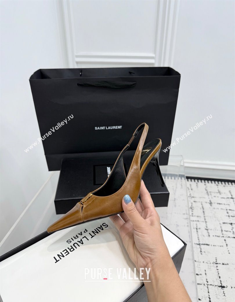 Saint Laurent Babylone Breteuil Slingbacks Pump 9cm in Oil Leather Khaki 2025 806685 (KER-251213005)
