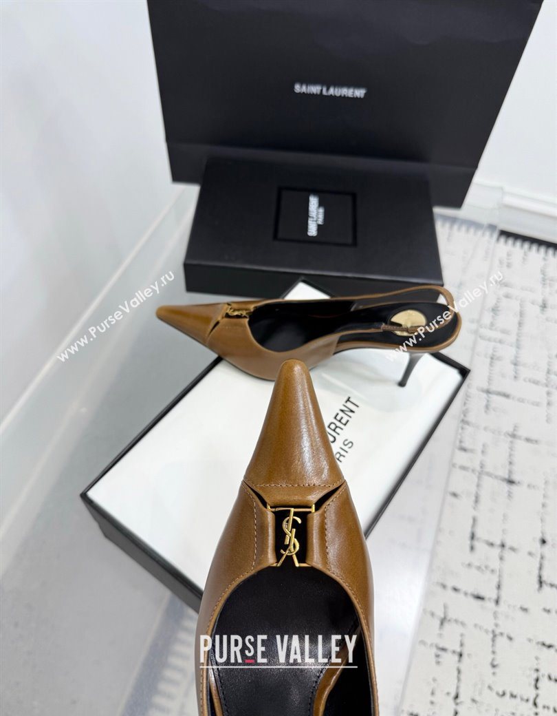 Saint Laurent Babylone Breteuil Slingbacks Pump 9cm in Oil Leather Khaki 2025 806685 (KER-251213005)