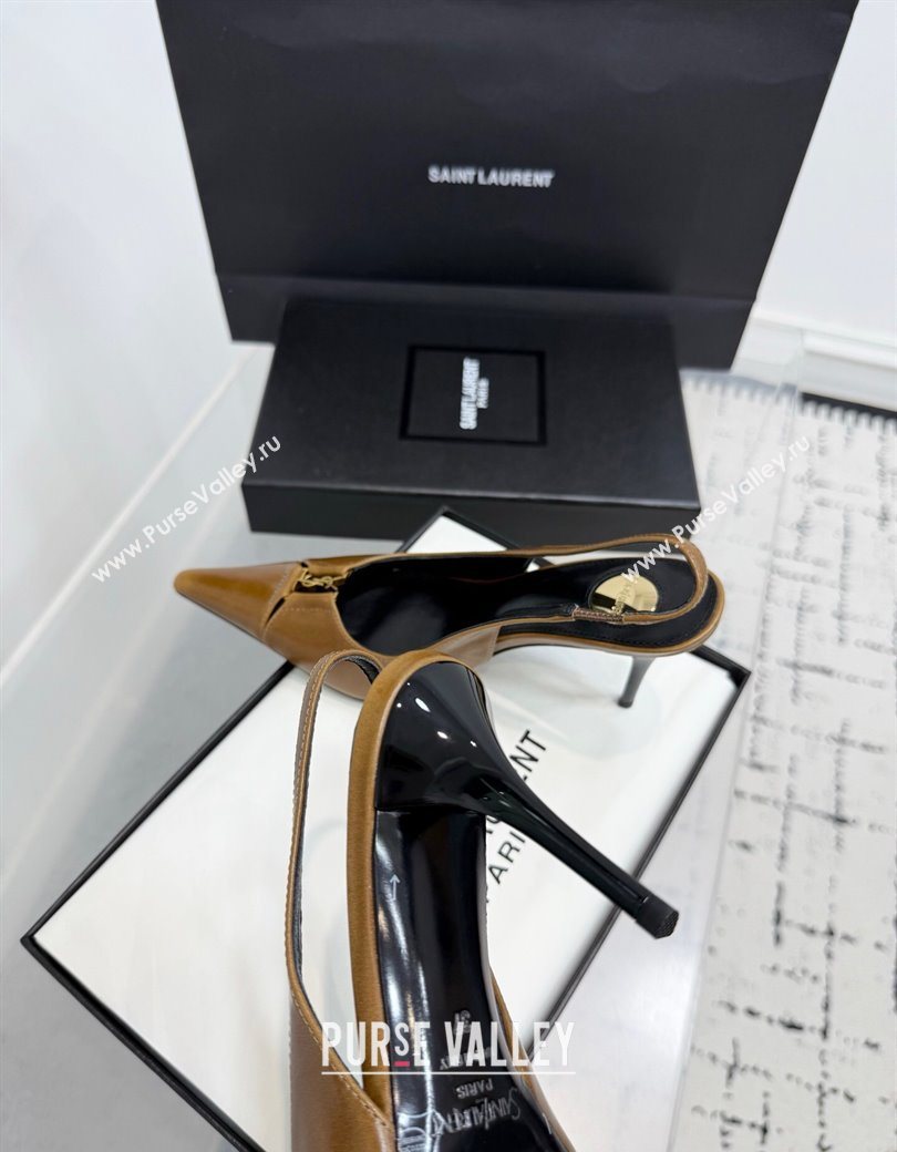 Saint Laurent Babylone Breteuil Slingbacks Pump 9cm in Oil Leather Khaki 2025 806685 (KER-251213005)