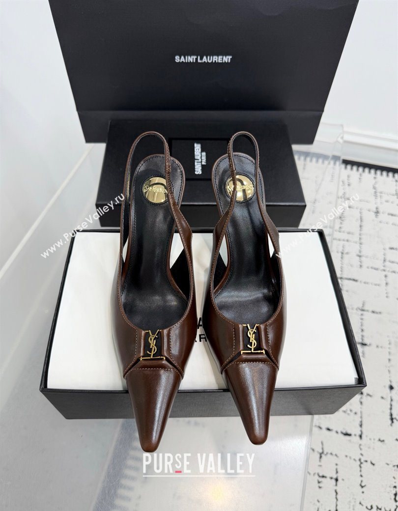 Saint Laurent Babylone Breteuil Slingbacks Pump 9cm in Oil Leather Dark Brown 2025 806685 (KER-251213006)