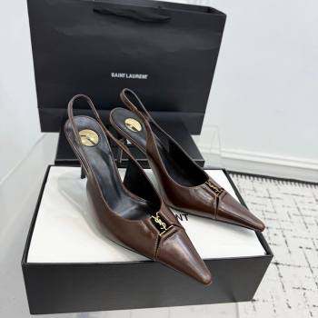 Saint Laurent Babylone Breteuil Slingbacks Pump 9cm in Oil Leather Dark Brown 2025 806685 (KER-251213006)