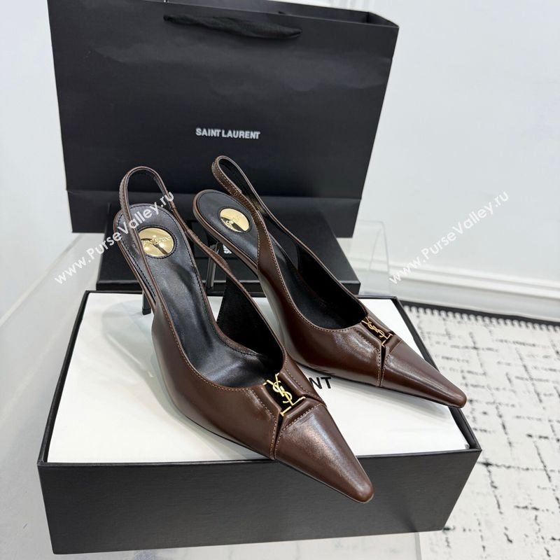 Saint Laurent Babylone Breteuil Slingbacks Pump 9cm in Oil Leather Dark Brown 2025 806685 (KER-251213006)
