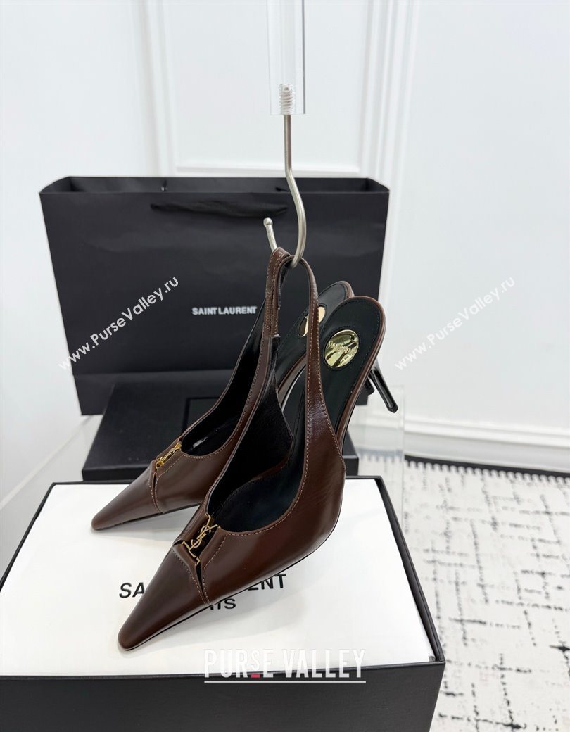 Saint Laurent Babylone Breteuil Slingbacks Pump 9cm in Oil Leather Dark Brown 2025 806685 (KER-251213006)